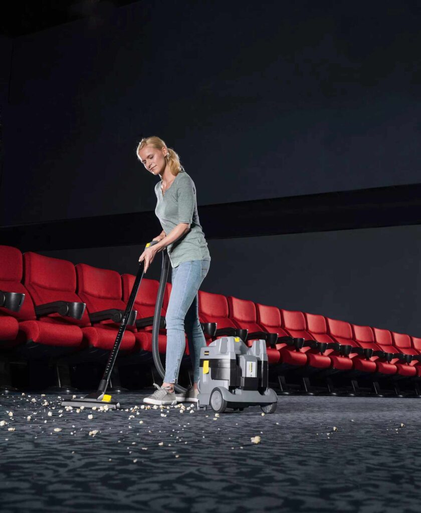 Karcher T9/1 battery operated vacuum cleaner in a cinema