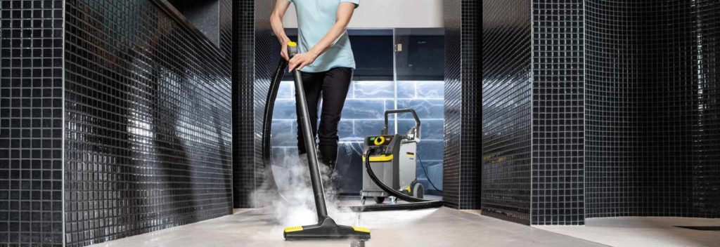 Steam cleaning a gym or pool tiled floor